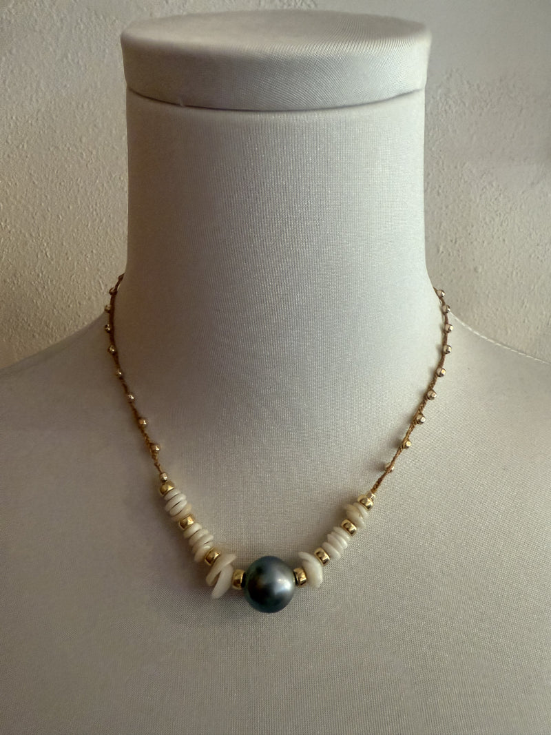 Single Tahitian Pearl and Puka Necklace