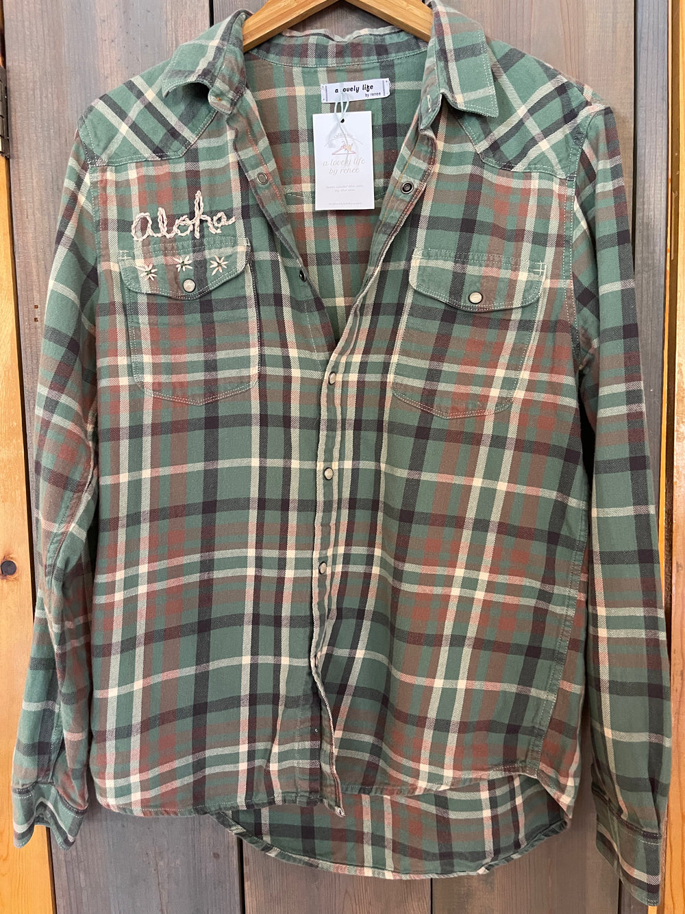 Green Flannel with AlOHA embroidered on front