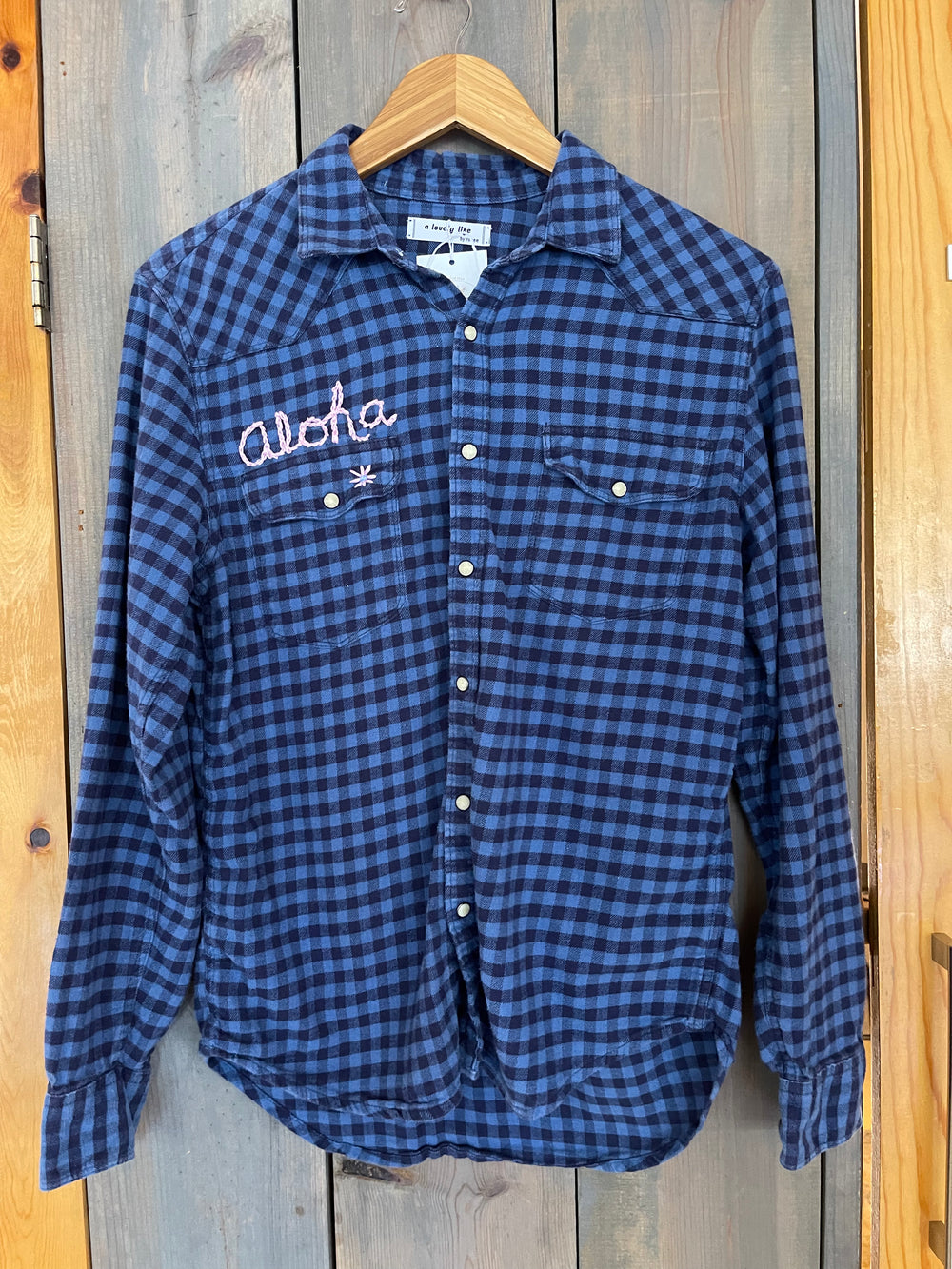 Blue Flannel with Pink Aloha embroidered on front